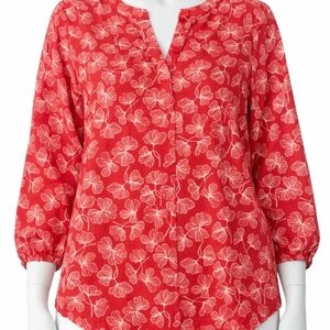 Women’s Red Floral Split-Neck Blouse